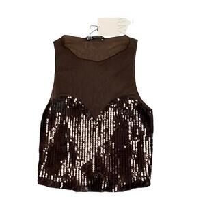 Zara‎ Blouse M Brown Sequin Cropped Sweetheart Tulle Sheer Clubwear Festive